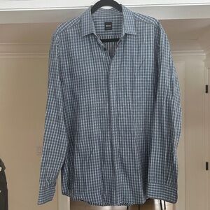BOSS - Blue & Grey Plaid Button-Up Shirt with Grey Piping on Cuffs and Placket
